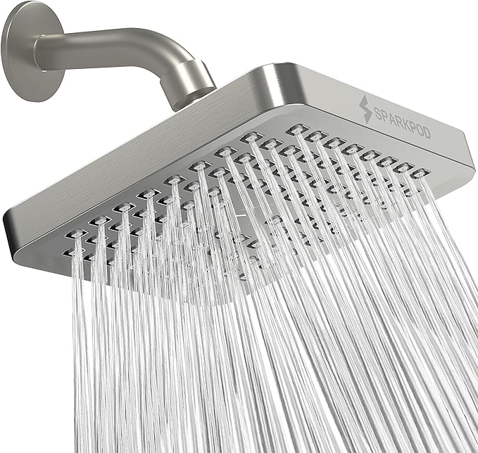 SparkPod Shower Head - High Pressure Rain - Premium Quality Luxury Design - 1-Min Install - Easy Clean Adjustable Replacement for Your Bathroom Shower Heads (Elegant Brushed Nickel, 6 Inch Square)