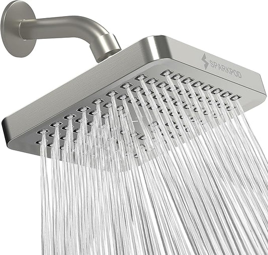 SparkPod Shower Head - High Pressure Rain - Premium Quality Luxury Design - 1-Min Install - Easy Clean Adjustable Replacement for Your Bathroom Shower Heads (Elegant Brushed Nickel, 6 Inch Square)