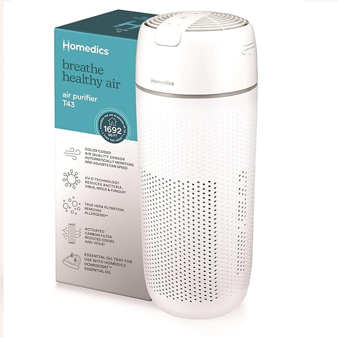 Homedics Air Purifier, 4-in-1 Tower, True HEPA Filtration, Reduce Airborne Allergens, Bacteria, Virus, Mold, Fungus, Reduce Odors & VOCs, UV-C Light, Activated Carbon Odor Filter, for Large Rooms