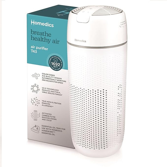Homedics Air Purifier, 4-in-1 Tower, True HEPA Filtration, Reduce Airborne Allergens, Bacteria, Virus, Mold, Fungus, Reduce Odors & VOCs, UV-C Light, Activated Carbon Odor Filter, for Large Rooms