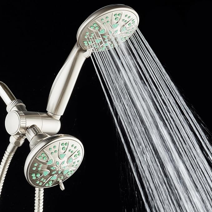 AquaDance Antimicrobial/Anti-Clog High-Pressure 30-setting Dual Head Combination Shower with Microban Nozzle Protection From Growth of Mold, Mildew & Bacteria for a Healthier Shower – Coral Green