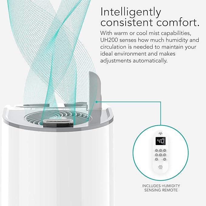 Vornado UH200 Ultrasonic Humidifier with Fan-Assisted Whole Room Humidification, Auto Humidity Control, Remote, and Electronic Humidistat, UH200 — 1.75 gal tank, White
