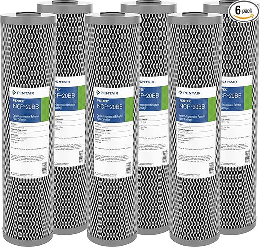 Pentair Pentek NCP-20BB Big Blue Carbon Water Filter, 20-Inch, Whole House Non-Cellulose Carbon Impregnated Pleated Filter Cartridge, 20" x 4.5", 10 Micron, Pack of 6, Gray