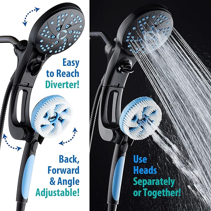 Hotel Spa AquaCare High Pressure 6-in-1 Aquassage 76-mode 3-way Combo, Showerhead, Hand Shower, Body Brush, Hair Brush & Arm in One Two Brackets, Extra-long 6 foot Hose, Brush Head Holder