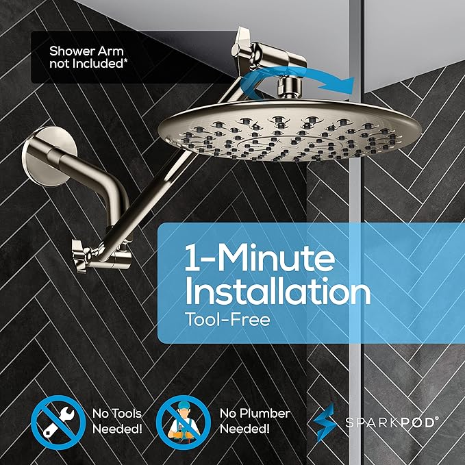 SparkPod 9.5 Inch Large Rain Shower Head - Luxury Rainfall Shower Head - High Pressure Showerhead, Full Body Coverage with Anti-Clog Silicone Nozzles -No Hassle, Easy Install (1/2 NPT, Brushed Nickel)