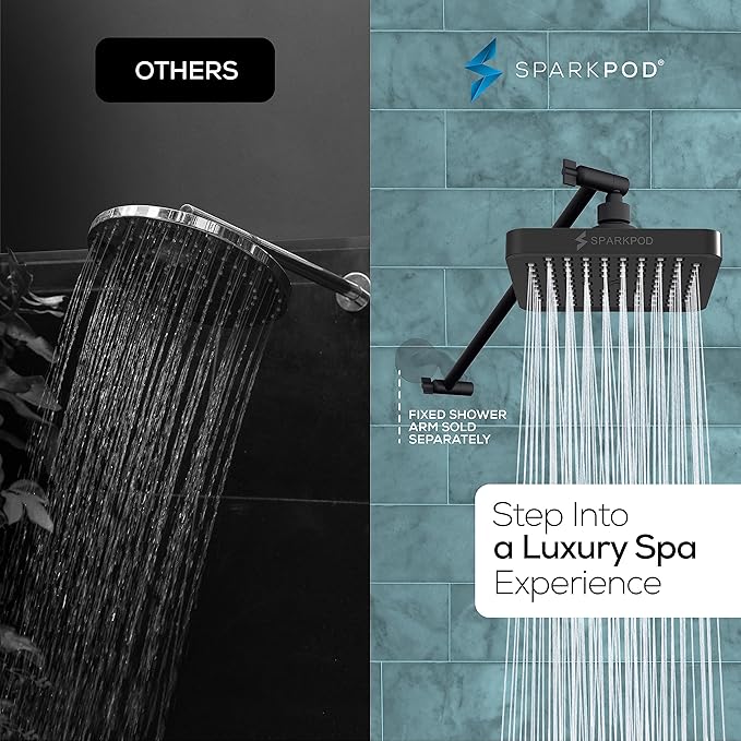 SparkPod Square Rain Shower Head with Shower Head Extension Arm - High Pressure Rain - Luxury Modern Look - No Hassle Tool-less 1-Min Installation (16" Shower Arm Extension, Midnight Black Matte)