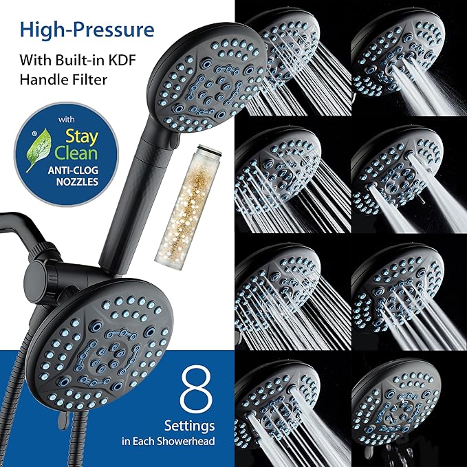 AquaCare High Pressure 6-way Dual Shower Head Combo with Built-in Filter & Power Wash - Clean Tub, Tile & Pets. Remove Chlorine, Lead & Toxins from Water to Protect Skin, Hair, & Nails. Matte Black