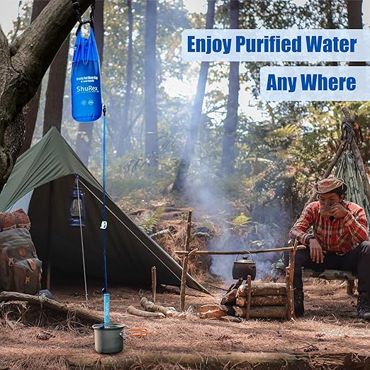 Gravity Fed Water Filtration System with Adjustable Tree Strap, 1.5 Gal Large Gravity Bag with Filter Straw, Water Purifier Survival for Travel, Backpacking, and Emergency Preparedness (6L)