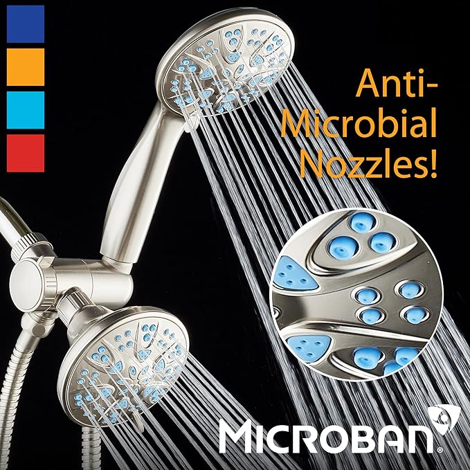 AquaDance Antimicrobial/Anti-Clog High-Pressure 30-setting Dual Head Combination Shower with Microban Nozzle Protection From Growth of Mold, Mildew & Bacteria for a Healthier Shower – Aqua Blue