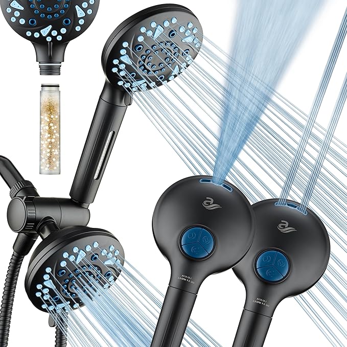 AquaCare High Pressure 6-way Dual Shower Head Combo with Built-in Filter & Power Wash - Clean Tub, Tile & Pets. Remove Chlorine, Lead & Toxins from Water to Protect Skin, Hair, & Nails. Matte Black