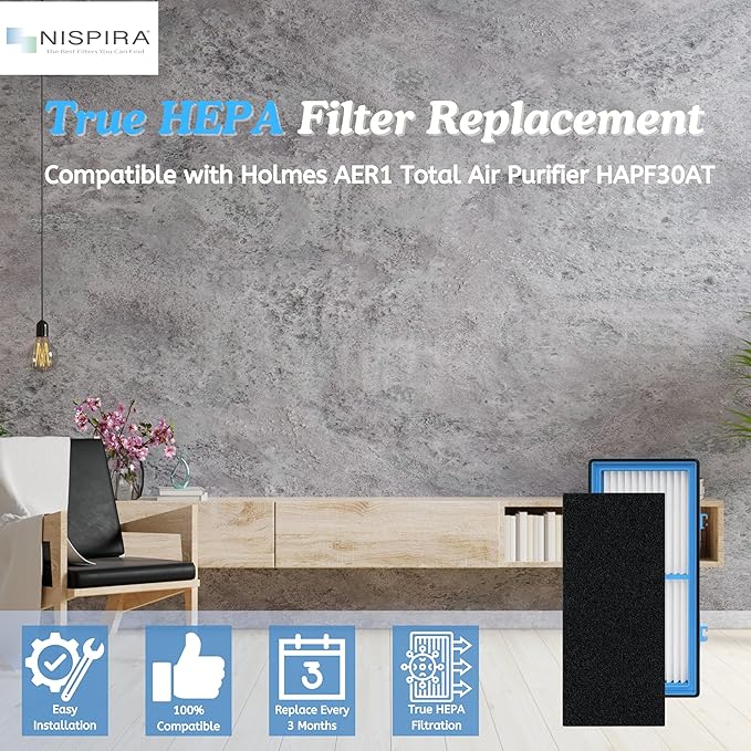 Nispira AER1 Filter Replacement for Holmes Air Purifier HAPF30AT HAP242-NUC Total Air 4 HEPA 4 Carbon Booster, Remove Odor Smoke VOCs 1.2 x 10 x 4.6 Inches