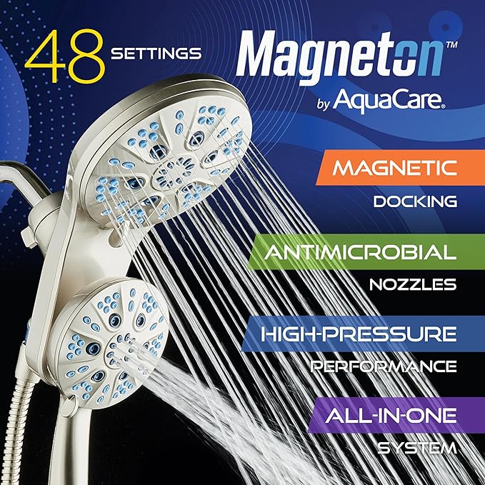 AquaCare Magneton High-Pressure 48-mode Luxury 3-way Combo System with Magnetic Guidance Docking, Giant Rain & Handheld Shower Head, Hygienic Jets and 6 ft. Stainless Steel Hose, Satin Nickel