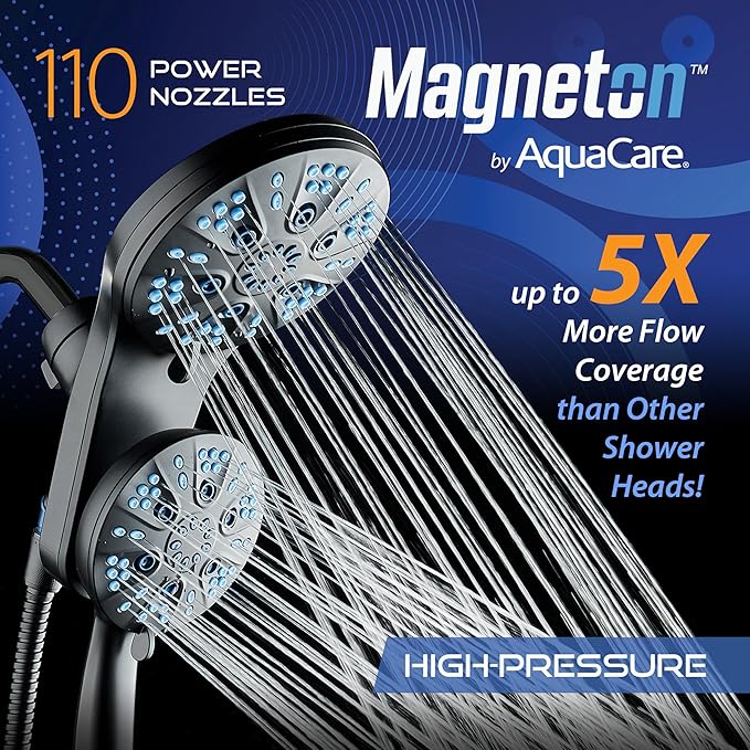 AquaCare Magneton High-Pressure 48-mode Luxury 3-way Combo System with Magnetic Guidance Docking, Giant Rain & Handheld Shower Head, Hygienic Jets and 6 ft. Stainless Steel Hose, Matte Black Finish