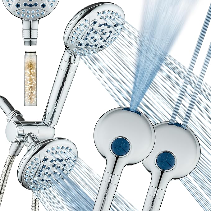 AquaCare High Pressure 6-way Dual Shower Head Combo with Built-in Filter & Power Wash - Clean Tub, Tile & Pets. Remove Chlorine, Lead & Toxins from Water to Protect Skin, Hair, & Nails. Chrome Finish