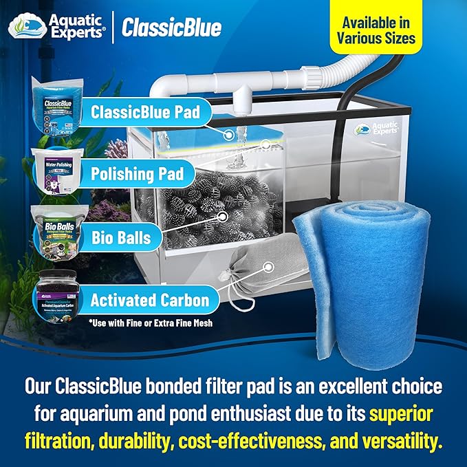 Aquatic Experts Classic Bonded Aquarium Filter Pad -24 Inches by 12 Feet by .75 Inch - Blue and White Aquarium Filter Media Roll Bulk Can Be Cut to Fit Most Filters, Made in USA (24" x 12 Feet)