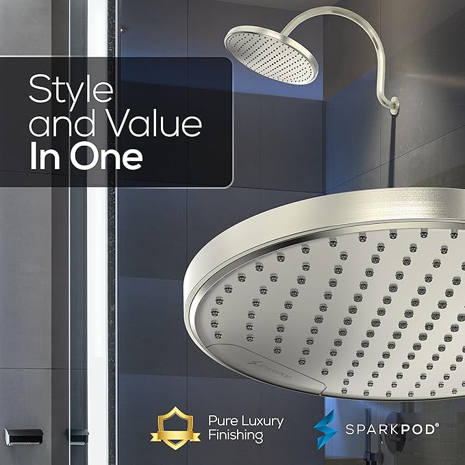 SparkPod 10 Inch Round Rain Shower Head - Ceiling or Wall Mount Rainfall Shower Head - Large Coverage Showerhead - Brass Ball Joint with 360° Adjustment - 1-Min Install (Elegant Brushed Nickel)