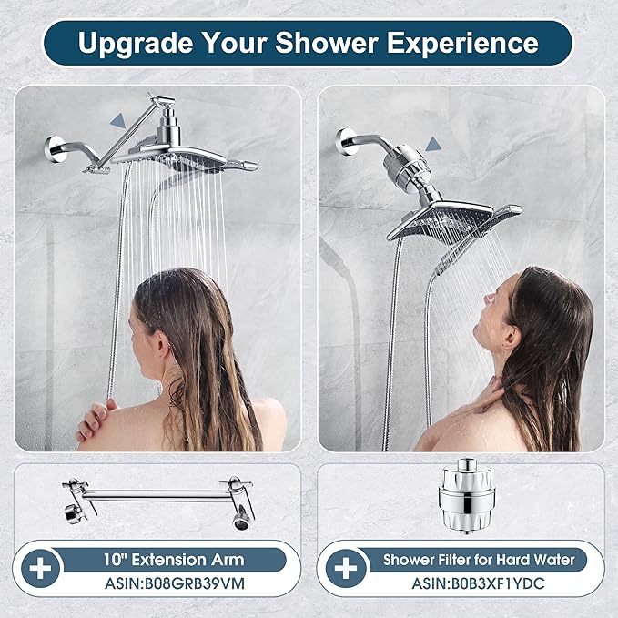 BRIGHT SHOWERS High Pressure Dual Shower Head Combo, Handheld Showerhead Rainfall Shower Head Combo with Black Face, 60 Inch Long Stainless Steel Shower Hose, Chrome