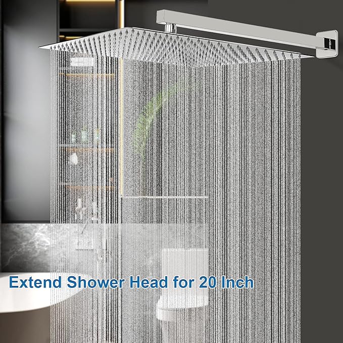 HarJue Shower Head with Extension Arm, High Pressure Square with ShowerArm, Stainless Steel Rainfall-Waterfall Full Body Coverage (16'' Shower with 20'' Arm, Chrome)