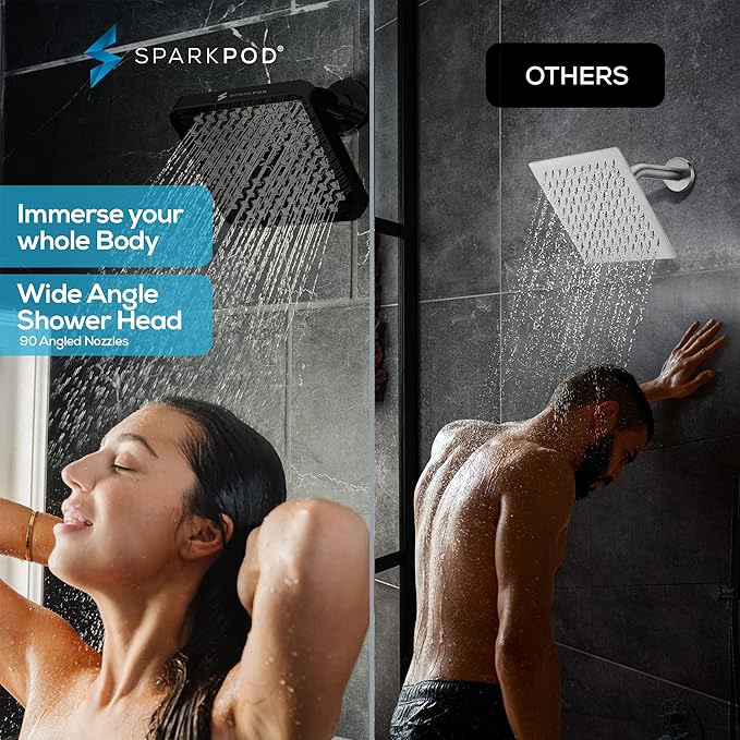 SparkPod Shower Head - High Pressure Rain - Premium Quality Luxury Design - 1-Min Install - Easy Clean Adjustable Replacement for Your Bathroom Shower Heads (Midnight Black Matte, 8 Inch Square)
