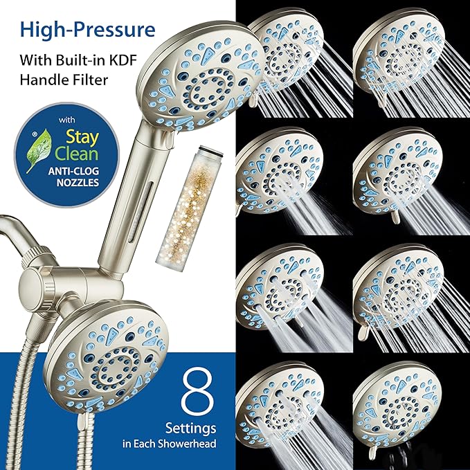 AquaCare High Pressure 6-way Dual Shower Head Combo with Built-in Filter & Power Wash - Clean Tub, Tile & Pets. Remove Chlorine, Lead & Toxins from Water to Protect Skin, Hair, & Nails. Nickel Finish