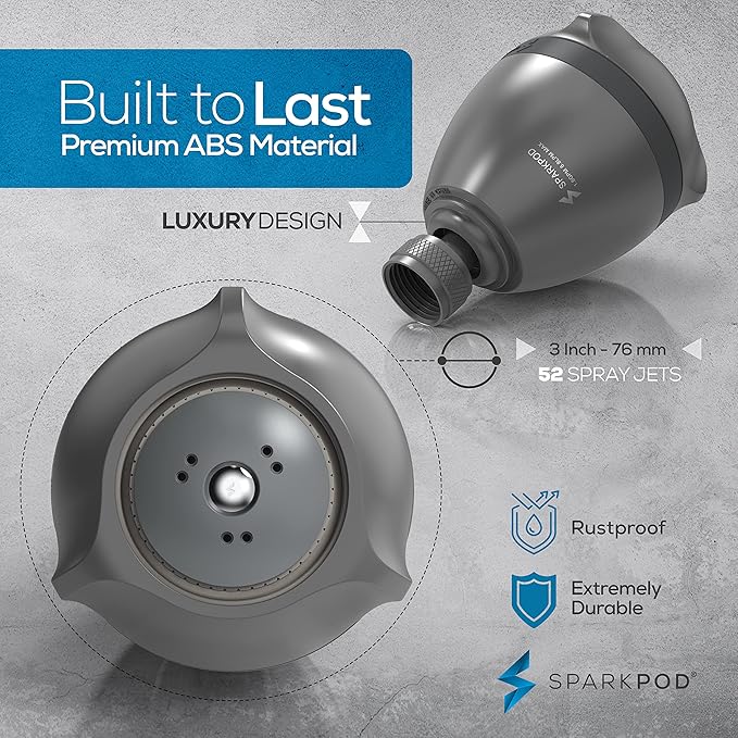 SparkPod 3-Inch Extreme High Pressure Shower Heads - Pressure Boosting with Rain, Massage & Pulsating Mode, Powerful Water-Saving Showerhead - 2.5 GPM Fixed Shower Head (Charcoal Grey)
