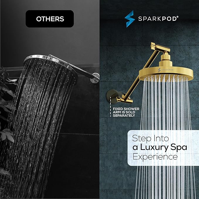 SparkPod Round Rain Shower Head with Extension Arm - Height Adjustable Shower Head with High Pressure Performance - Easy 1-Minute Installation (11" Arm Extension, Egyptian Gold)
