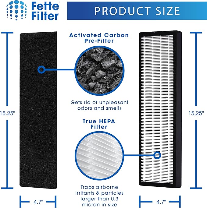Fette Filter - 2 Pack Premium T500 True HEPA Filter Replacements Compatible with Air Purifier Filter T500 tower. Compare to Part # TF60-MP & TF60-MP (Includes 2 Hepa & 2 Carbon Filters)