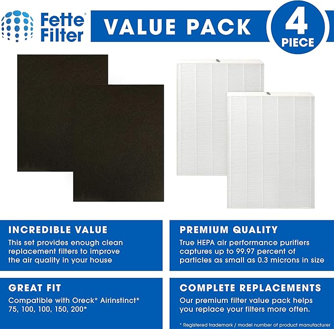 Fette Filter - Premium True Hepa H13 Filters Compatible with Oreck Airinstinct 75, 100, 108, 150, 200 Air Purifers 2 True HEPA & 2 Activated Carbon Replacement Filters.