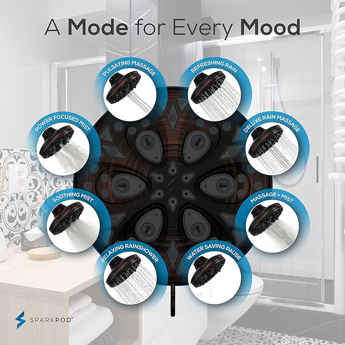 SparkPod 8 Spray Setting Filtered Showerhead - Water Filter Suitable for People with Dry Hair, Skin & Scalp, 5" Shower Head with Enhanced Formula Filter Reduces Chlorine (Oil-Rubbed Bronze)