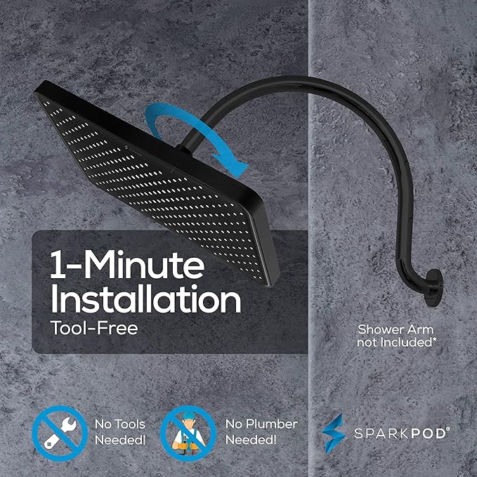SparkPod 12 Inch Black Rain Shower Head - Ceiling or Wall Mount Rainfall Shower Head - Large Coverage Showerhead - Brass Ball Joint with 360° Adjustment - 1-Min Install (Midnight Black Matte)