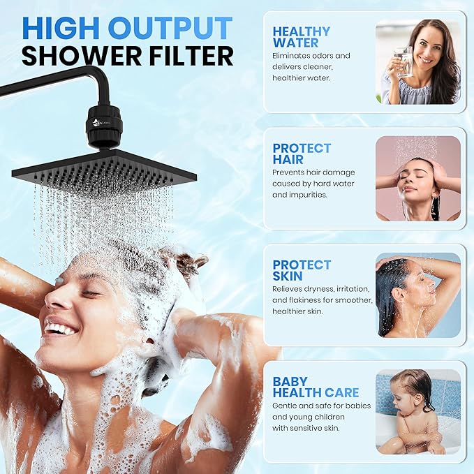 Aqua Earth Shower Head Filter For Hard Water 20 Stages to Remove Chlorine Fluoride Water Softener Coconut Shell Activated Carbon Reduces Dry Itchy Skin Heavy Metals Other Sediments Vitamin C Black