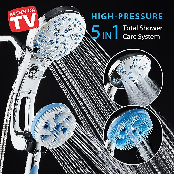 Hotel Spa AquaCare High Pressure 6-in-1 Aquassage - 76-mode 3-way Combo, Showerhead, Hand Shower, Body Brush, Hair Brush & Arm in One Two Brackets, Extra-long 6 foot Stainless Steel Hose