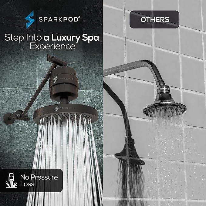 SparkPod 6" High Pressure Rain Shower Head with 23 Stage Filter Capsule & 11 Inch Adjustable Shower Arm Extension - Shower Filter Reduces Chlorine for Smoother Hair & Skin (Round, Oil-Rubbed Bronze)