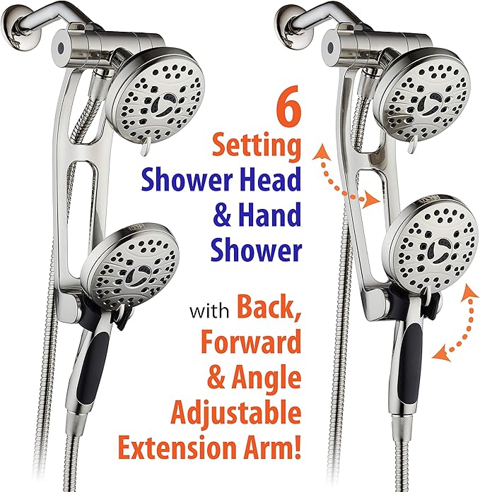 High Pressure 48-mode Luxury 3-way Combo with Adjustable Extension Arm – Dual Rain & Handheld Shower Head – Extra Long 6 Foot Stainless Steel Hose – All Brushed Nickel Finish – Top US Brand