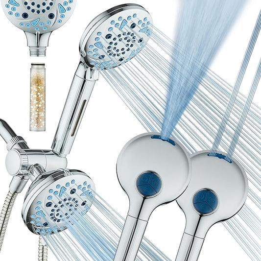 AquaCare High Pressure 6-way Dual Shower Head Combo with Built-in Filter & Power Wash - Clean Tub, Tile & Pets. Remove Chlorine, Lead & Toxins from Water to Protect Skin, Hair, & Nails. Chrome Finish
