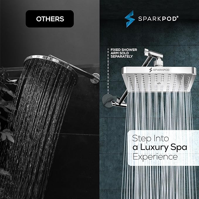 SparkPod Square Rain Shower Head with Shower Head Extension Arm - High Pressure Rain - Luxury Modern Look - No Hassle Tool-less 1-Min Installation (11" Shower Arm Extension, Luxury Polished Chrome)