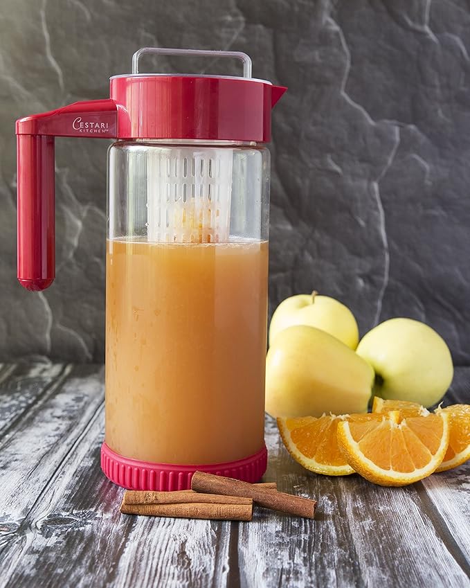 Glass Water Infusion Pitcher | BPA Free Fruit Infuser | Premium Borosilcate Glass for Hot and Cold Liquids | Infuse Iced Tea, Coffee, Water, Juice, Vodka, Tequila - Cestari Infuser, Red 44 ounces