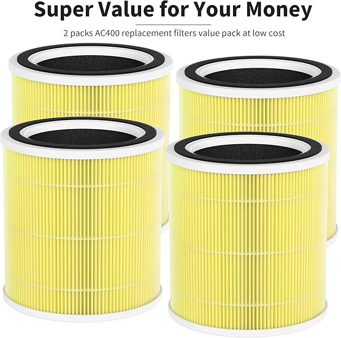 4 Packs AC400 Pet Care Replacement Filters Compatible with Purivortex AC400 Air Cleaner Purifier, with Main Filter and Activated Carbon Filter, Yellow