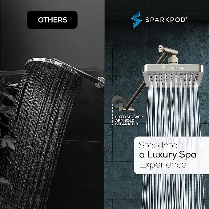 SparkPod Square Rain Shower Head with Shower Head Extension Arm - High Pressure Rain - Luxury Modern Look - No Hassle Tool-less 1-Min Installation (16" Shower Arm Extension, Elegant Brushed Nickel)
