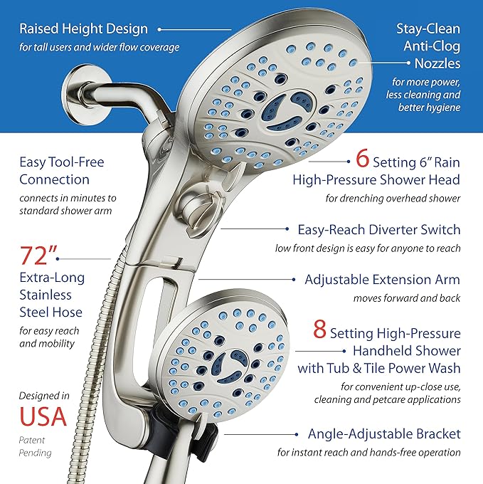 Hotel Spa AquaCare for California As-Seen-On-TV High Pressure Handheld Rain 50-mode 3-way Shower Head Combo with Adjustable Arm, Anti-clog Jets, Tub & Pet Power Wash, 6 ft. Hose, Nickel Finish