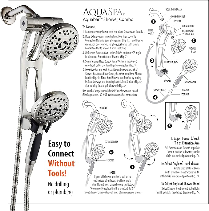 High Pressure 48-mode Luxury 3-way Combo with Adjustable Extension Arm – Dual Rain & Handheld Shower Head – Extra Long 6 Foot Stainless Steel Hose – All Brushed Nickel Finish – Top US Brand