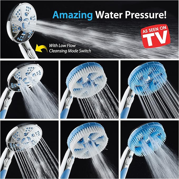 Hotel Spa AquaCare High Pressure 6-in-1 Aquassage - 76-mode 3-way Combo, Showerhead, Hand Shower, Body Brush, Hair Brush & Arm in One Two Brackets, Extra-long 6 foot Stainless Steel Hose
