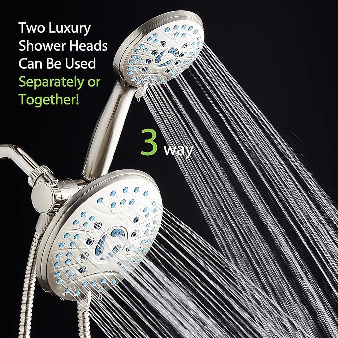 Hotel Spa AquaCare As-Seen-On-TV High Pressure 50-mode Rain & Handheld 3-way Shower Head Combo - Anti-clog Nozzles/Tub, Tile & Pet Power Wash/Extra Long 6 ft. Stainless Steel Hose/Nickel Finish