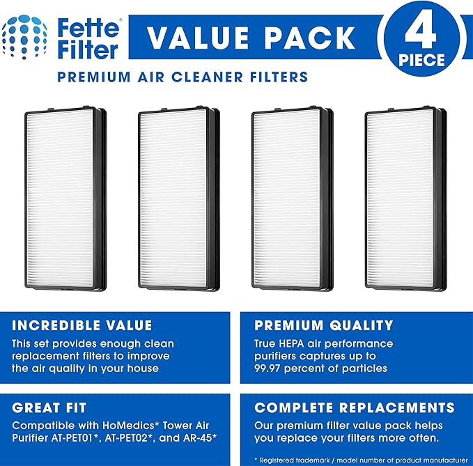 Fette Filter - at-OFL True Hepa Replacement Filter Compatible with HoMedics TotalClean True HEPA Tower Air Purifier Model AT-PET01 AT-PET02 and AR-45 Part Number at-OFL (Pack of 4)