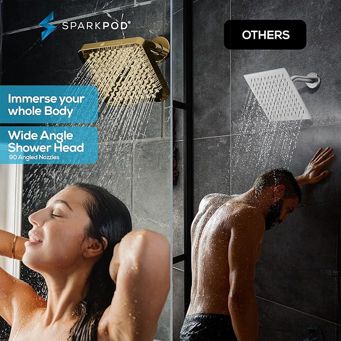 SparkPod Shower Head - High Pressure Rain - Premium Quality Luxury Design - 1-Min Install - Easy Clean Adjustable Replacement for Your Bathroom Shower Heads (Egyptian Gold, 8 Inch Square)