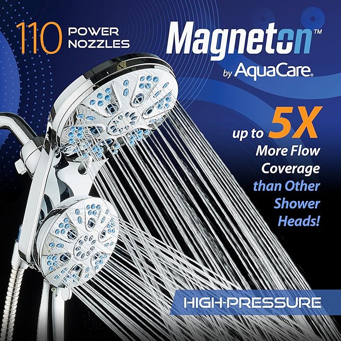 AquaCare Magneton High-Pressure 48-mode Luxury 3-way Combo System with Magnetic Guidance Docking, Giant Rain & Handheld Shower Head, Hygienic Jets and 6 ft. Stainless Steel Hose, All Chrome Finish