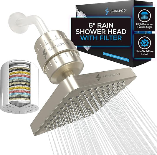 SparkPod Luxury Filtered Shower Head Set 23 Stage Shower Filter - Reduces Chlorine and Heavy Metals - High Pressure Showerhead Filter (6" Square, Elegant Brushed Nickel)
