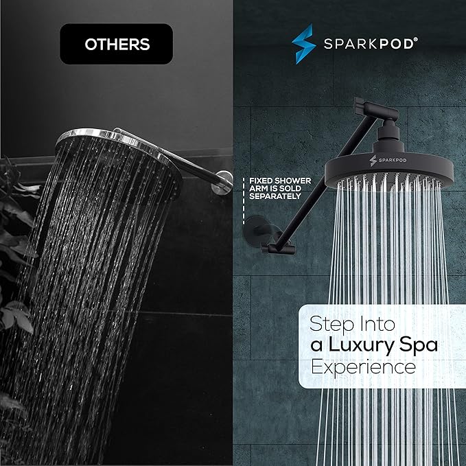 SparkPod Round Rain Shower Head with Shower Head Extension Arm - High Pressure Rain - Luxury Modern Look - No Hassle Tool-less 1-Min Installation (16" Shower Arm Extension, Midnight Black Matte)