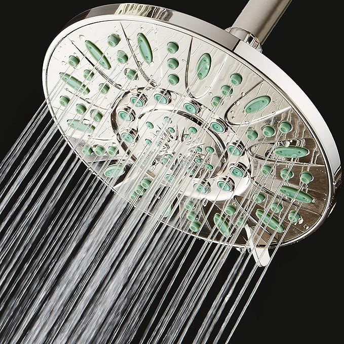 AquaDance 7-inch 6-Setting Rainfall Showerhead with Anti-Microbial Microban Protection from Mold, Mildew, and Bacteria - Clog-Free, Brushed Nickel Finish/Coral Green Jets