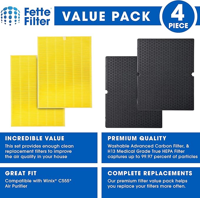 Fette Filter - 116131 H13 True HEPA Replacement Filter I Compatible with Winix Filter I for C555 Air Cleaner Includes 2 HEPA Filters + 2 Washable Enhanced Activated Carbon # 116131